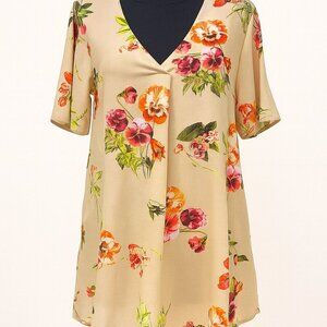 Soho Jeans Floral V-Neck Blouse Cream Pink Orange Size XL